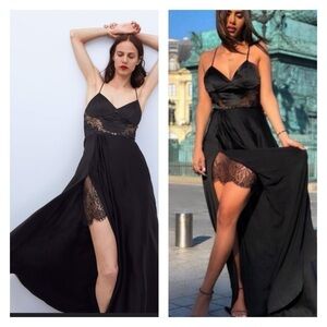 ZARA Black Lace Satin High Slit Cutout Formal Maxi Dress Large Blogger Favorite